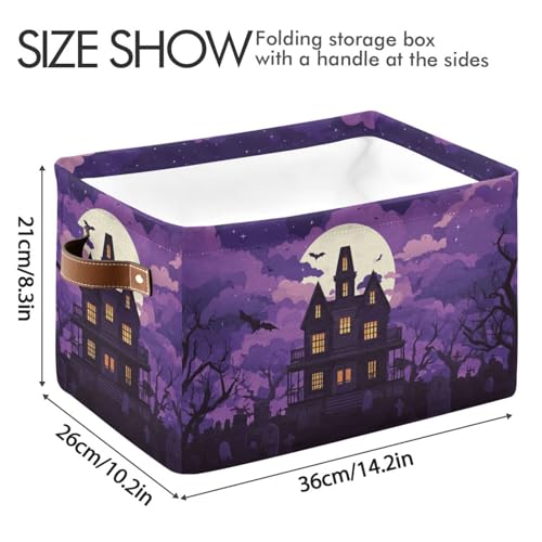 Image of Aslsiy Storage Basket Spooky Castle Halloween Moon Nursery Bins Purple Baby Box Canvas Clothes Shelf Basket Laundry Hampers 2 Pcs