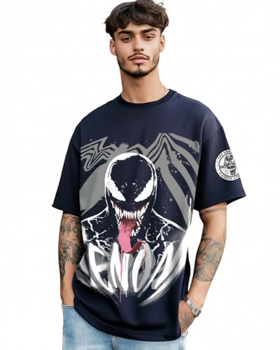 Image of Bewakoof X Marvel Venom Men's 100% Cotton Graphic Print Oversized Fit Half Sleeve Round Neck T-Shirt | Casual Wear | Street Wear | Oversized t Shirt for Men Cotton | Baggy