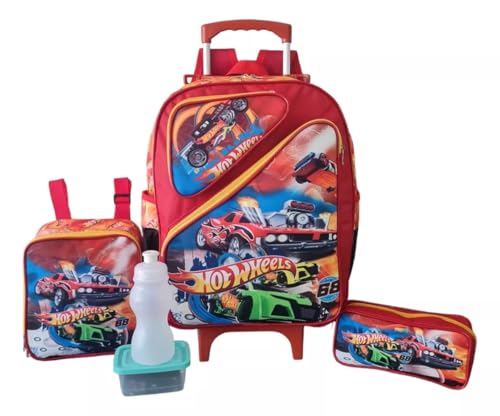Kit Mochila Escolar Hot Velozes Carros Wheelss 3 Bolsos Rodinhas G