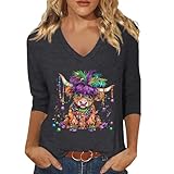 Glänzende Hemd Damen Slim Fit, Polo Shirts Damen Glänzende Metallic - Damen-T-Shirt Mit Karnevalsmotiv, Bedruckt, V-Ausschnitt, Lässiges Dreiviertelarm-Top für Karneval Party