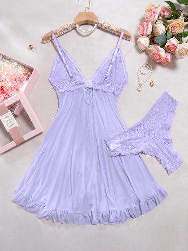 Image of Foxiny Sexy Ruffle Sheer Mesh Lace Wireless Babydoll Lingerie Dress with Thong 2 Piece