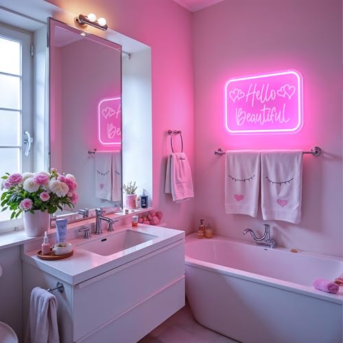Image of VIKLIU Hello Beautiful Neon Signs for Wall Decor,Pink Led Neon Sign for Teen Girls Dimmable Led Lights Signs for Aesthetic Room Girls Bedroom Decor, Beauty Salon,Party