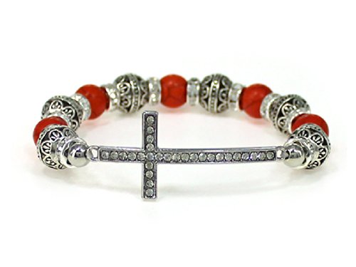4030222 Beaded Cross Stretch Bracelet Red and Rhinestone Christian Filigree Design
