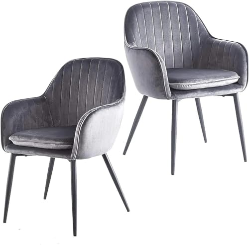 Image of Pair of 2 Stylish, Modern, Elegant & Comfortable Velvet Arms Chairs for Dinning Living Hotel Cafe (2 Chairs) (Grey Black Legs)