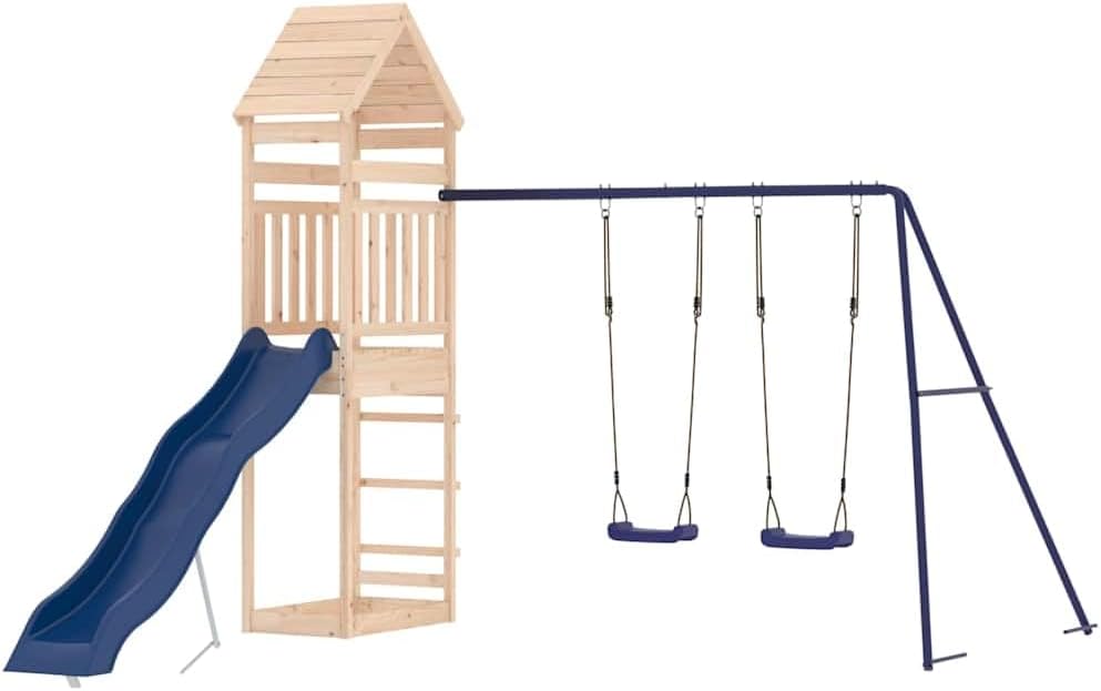 Outdoor Playset Natural Wood Blue Solid Pine Wood Polypropylene with Wavy Slide and Two Saddle Swings for Backyard Fun