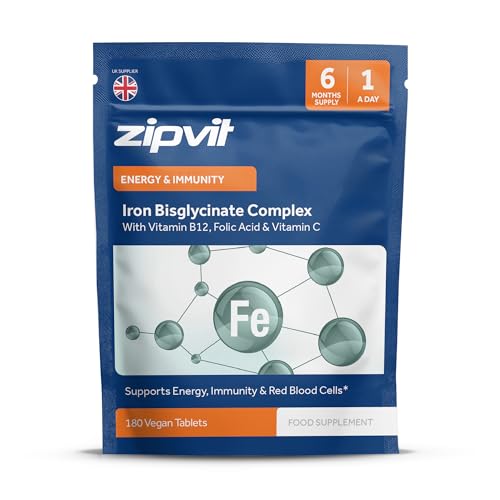 Zipvit Iron Tablets High Strength with Vitamin C, B12 & Folic Acid, 180 Vegan Energy Tablets, Iron Supplements for Women & Men for Energy & Absorption, Eco-Friendly Pouch
