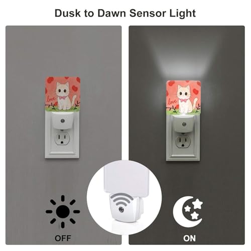 Image of Love Heart Cute Cat Kitten LED Plug-in Night 2 Lamp, Auto Sensor Nightlights Adults for Bedroom Bathroom Set of 2