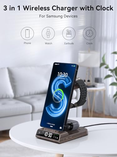 Image of Wireless Charger for Samsung S25 with Clock 3 in 1 Android Charging Station | Charging Station for Galaxy S25 Ultra,Z Flip 7,Fold,Galaxy Bud,Watch Charger for Galaxy Watch 8,7,6,5Pro, Nightstand Charger