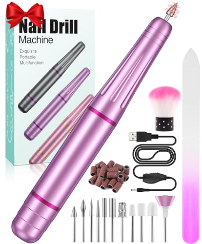 Torno para Uñas Profesional, 11 en 1 Lima Electrica Uñas USB para Gel de Uñas Acrílicas, Seguro de Baja Vibración,20000 RPM Velocidad Ajustable, Set de Manicura y Pedicura para Principiantes Salón DIY