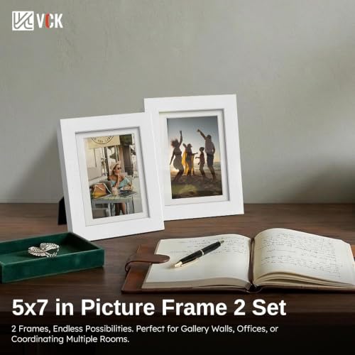 Image of VCK 5x7 Picture Frame 2 Pack, White Wood, 4x6 Mat, Glass, for Photo Print