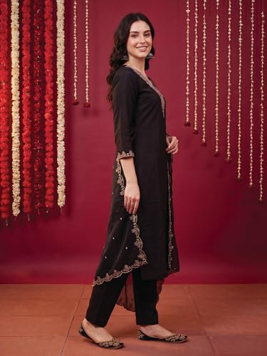 Image of INDO ERA Women's Black Silk Blend Embroidered Mirror Work Kurta & Pant with Dupatta Set (IEDDAI484)