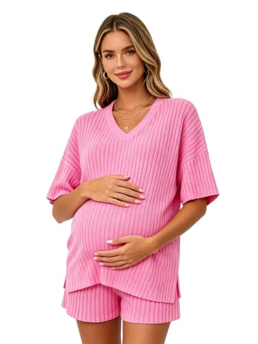IEFIEL Mujer Ropa Casual Embarazadas Conjunto Verano Maternidad Dos Piezas Rosa XXL