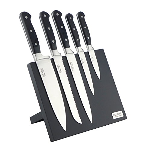 Ross Henery Professional Set Coltelli da Cucina 5 Pezzi Premium Lama Completa Acciaio Inossidabile in Blocco Magnetico Nero Elegante