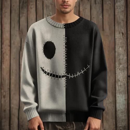 Pull Halloween homme Jack O Lantern tricot gris aux finitions patchwork contrasté - 4