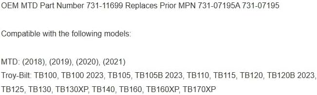 Replacement for Troy-Bilt 731-11699 Front Axle Cover TB 105 110 120 130 140 160 OEM