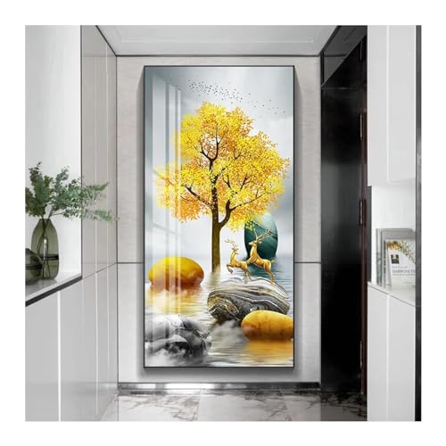 Toile arbre doré et cerf 25x50 cm avec cadre interne pour décoration de salon nordique