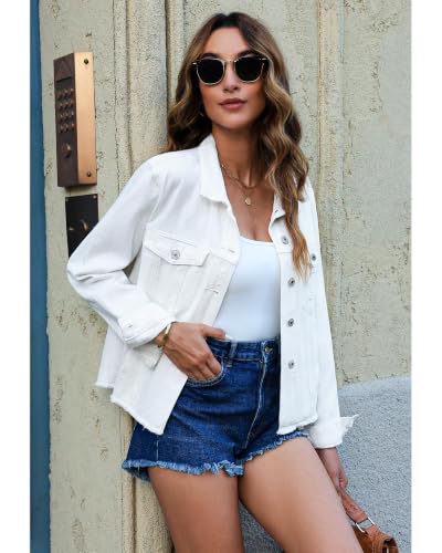 Image of luvamia Denim Jacket for Women Distressed Jean Jackets Button Up Vintage Western Trucker Jacket Frayed Hem Pockets