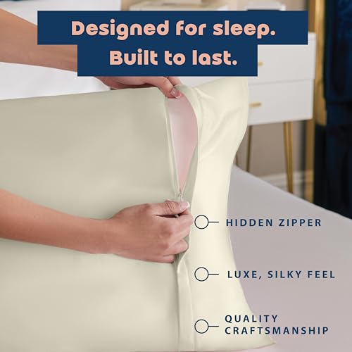 Image of BLISSFORD Satin Pillowcase with Zipper, for Hair and Skin Care, Feels Soft and Cool Like a Silk Pillowcase, Satin Pillow Cases 2 Pack, Slik Pillow Cover, Ivory - Queen Size, Set of 2