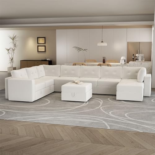 Image of QHITTY Large Sectional Modular Sofa, 9 Seater Accent Couch with Hidden Extra Large Storage Space for Living Room, Beige White