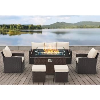 Alternative view of Vicluke 7 Piece Patio Furniture Set with 44" Propane Fire Pit Table, PE Wicker Rattan Sofa Table Patio Conversation Set 50,000 BTU Fire Table w/CSA Certification, Wind Guard for Outdoor(Beige-Brown)