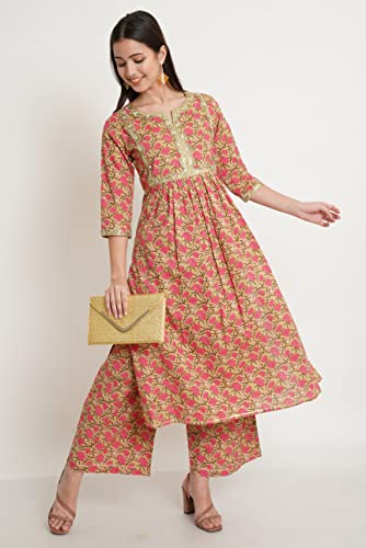 Image of Amazon Brand - Anarva Jaipuri Cotton Printed Straight Kurta with Palazzos Set for Women