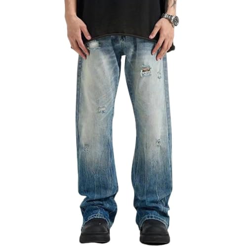 Men's Denim Flared Pants Mid-Rise Loose Casual Straight Cut Gradient Ripped Streetwear Jeans with Pockets