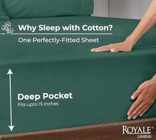Image of Royale Linens 100% Organic Cotton Fitted Sheet - Percale Weave - Super Soft Deep Pocket Bottom Sheets - Elastic Sheet Twin XL Size - Twin XL Fitted Sheets Only - (39 inchx80 inch+15 inch, Hunter Green)