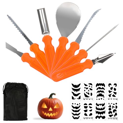 CAKKVDE Professional Pumpkin Carving Kit – 7Pcs Heavy Duty Tools with 8 Stencils, Halloween Pumpkin Carving Set, Safe & Reusable Decorating Kit for Jack-o'-Lanterns