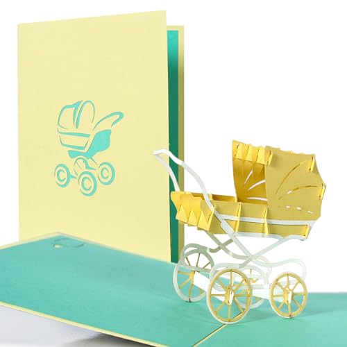 Tarjetas regalo pop up. Tarjetas felicitacion bebe para nacimiento bebe o cumpleaños bebe para niño y niña. Invitaciones baby shower unisex con carrito amarillo, G13.4