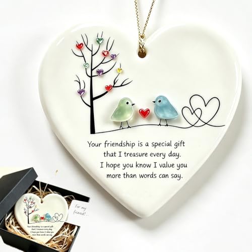 Friendship Sea Glass Keepsake Gift for Best Friend,Heart Ceramic Sea Glass Art Ornament Keepsake Decor, Meaningful Best Friend Birthday Gifts, BFF Sister Coworker Christmas Tree Decorations，1