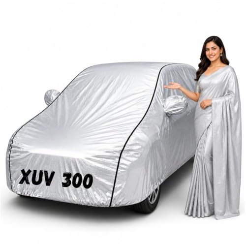 Image of Waterproof Car Body Cover for Xuv 300 All Weather Protection Comes with Inner Cotton Lining & Triple Stitched with Mirror & Antenna Pocket Belt & Elastic Fit Metallic Silver with Black Piping
