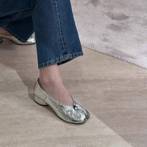 Shiny Metallic Split Toe Flats for Women | Silver & Black Options | 3cm Heel, Elegant Bow Design | Comfortable Party & Wedding Shoes4