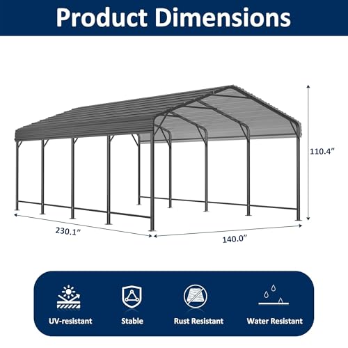 Image of AIRWIRE 12x20 Metal Carport Canopy with Reinforced Base, Heavy Duty Car Port Garage, Outdoor Galvanized Car Shelter for Car, Boats and Truck