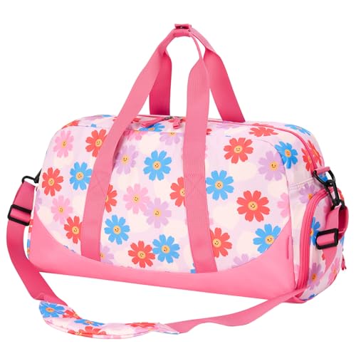 Image of Choco Mocha Duffle Bag Kids Girls - Daisy Overnight Bags for Kid with Shoes Compartment, Cute Weekender Bag for Sleepover Travel, Pink