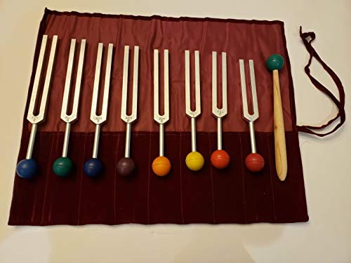 Yantra Set of 8 Solar Harmonic Spectrum Tuning Forks with Mallet and Velvet Pouch with Removable Balls