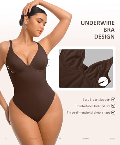 Image of FeelinGirl Bodysuits for Women Tummy Control Thong Shapewear Body Suit Sexy Deep V Neck Corset Tops for Women