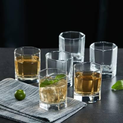 Avastro (Pack of 6 Hexagon Shap Crystal Clear Glasses for Whiskey, Wine, Scotch, Cocktails, Juice, Glass Water/Juice Glass (200 ml, Glass, Clear)