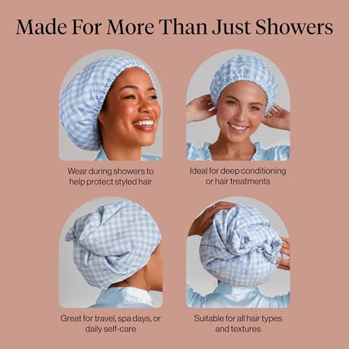 Image of Kitsch Luxury Satin-Lined Flexi Shower Caps for Women Reusable Waterproof - Large Wide Shower Cap for Women & Men, Adjustable, Stylish Hair Cap for Showers, For Long & Short Hair - Gingham Blue