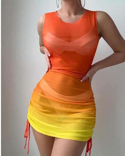 Image of ZAFUL Women Swimsuit Cover Up Dress Ombre Side Ties Sleeveless Sheer Mesh Bathing Suit Coverups Beach Dress