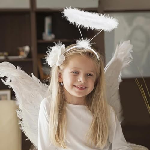 Image of WANNA PARTY White Feathered Angel Halo Headband for Halloween Cosplay Costumes, Fairy Costume Accessory, Angel Wings Headband for Halloween Decoration Items (White)