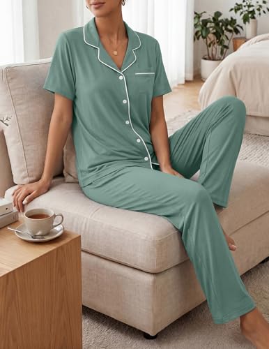 Image of Womens Pajamas Sets 2 Piece Button Up Pj Sets Short Sleeve with Long Pant