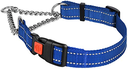 Collardirect Martingale Dog Collar With Stainless Steel Chain And Quick Release Buckle - Reflective Collar For Large, Medium, Small Dogs - Blue, Medium (Neck Size 14"-17") #TOP1