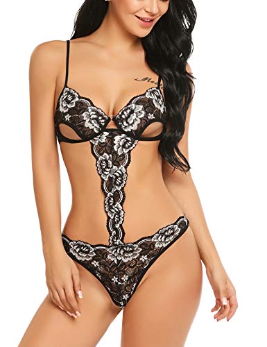 ADOME Women Deep V Sexy Lace Bodysuit Snap Crotch Lingerie Teddy Underwear Black