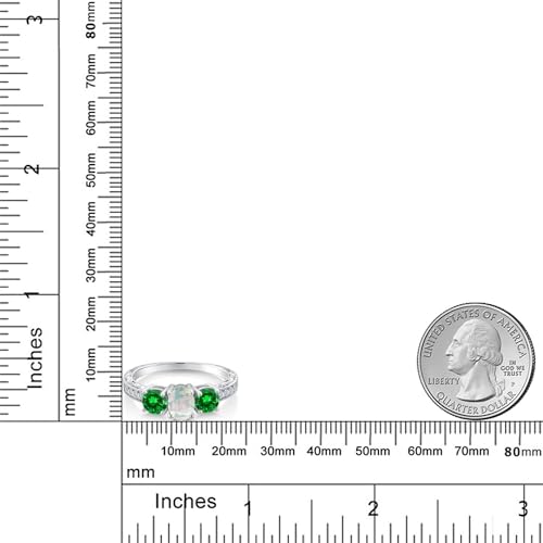 Gem Stone King 2.43 Cttw Oval Cabochon White Simulated Opal and Green Simulated Emerald 3-Stone Ladies Engagement Ring for Women | 925 Sterling Silver | Available 5,6,7,8,9 6