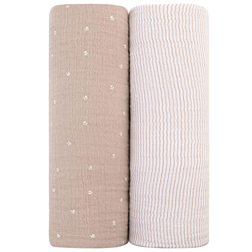 Image of Ely's & Co. Cotton Muslin Swaddle Blanket 2 Pack — 100% Cotton Muslin Extra-Large Swaddle Blankets (47” x 47”) White Tulip on Pink + Stripes