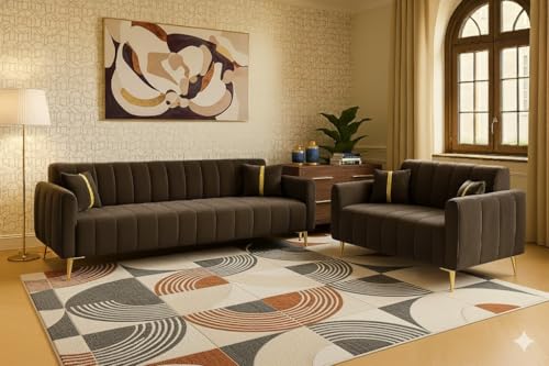 Image of Furny Harmon 5 Seater Fabric 3+2 Sofa Set (Dark Brown) | Soft Velvet Fabric | Modern Design | Comfortable Seating | Living Room Furniture