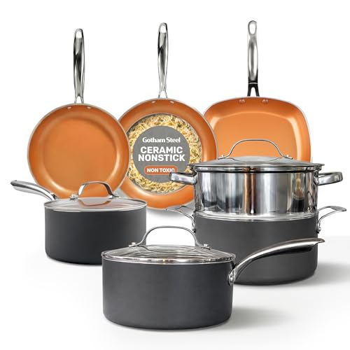 Gotham Steel 12 Pc Ceramic Cookware Set Nonstick, Ceramic Pots and Pans Set Non Stick with Steamer...