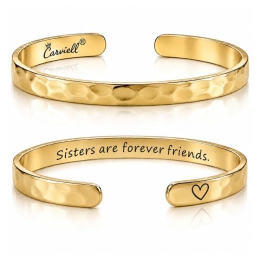 Carviell Bracelet – Gold Stainless Steel Cuff, “Sisters Are Forever Friends” Engraved Jewelry, Gift for Sister from Sister, Birthday, Christmas, or Friendship Present