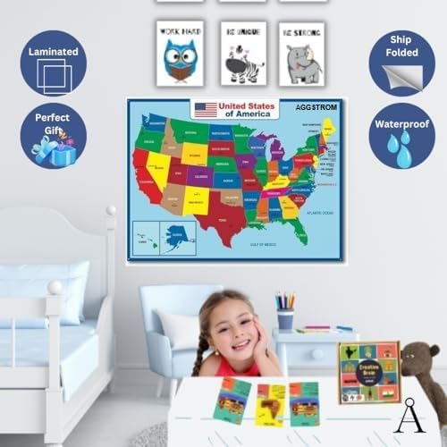 Miniatura 3 de AGGSTROM Póster de mapa de Estados Unidos impermeable jumbo impreso digitalmente en vinilo flexible utilizado en el aula en casa para niños o