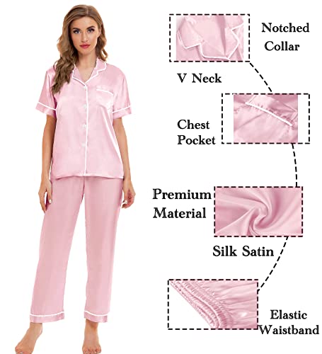 Image of SWOMOG Womens Silk Satin Pajamas Sets 4pcs Sleepwear Sexy Cami Shorts Set and Button Down Short Sleeve Pjs Loungewear Pink White Piping Large